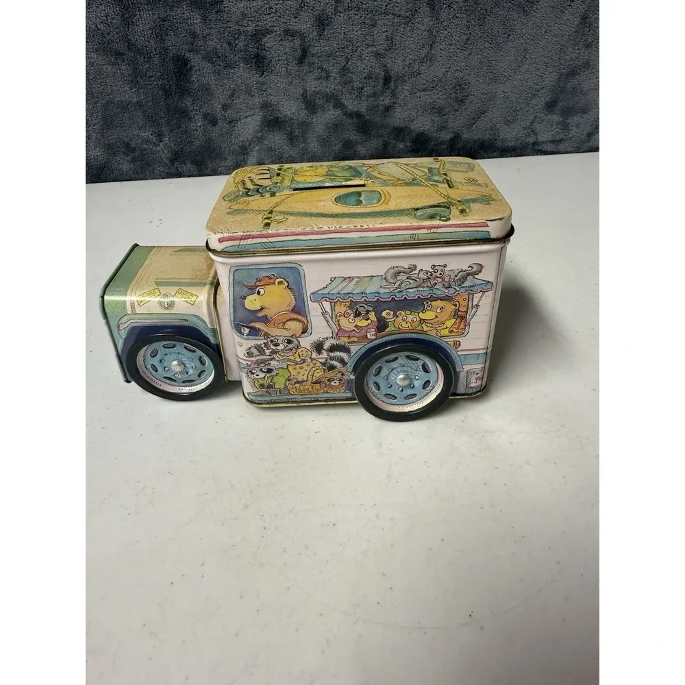 Vintage 1990's Children's Tin Truck Bank and Camping Bear Tin Can - Collectible